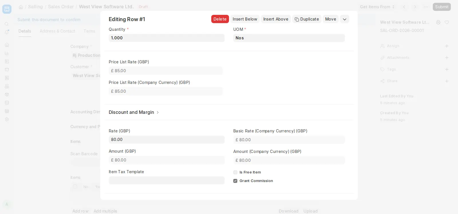 ERPNext Sales Order item showing discount applied from list rate