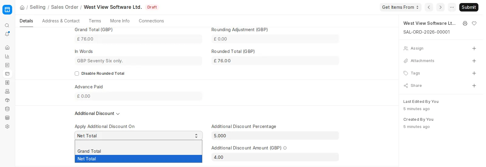 ERPNext Sales Order Additional Discount dropdown with percentage applied