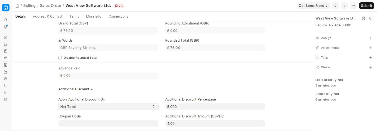 ERPNext Sales Order Additional Discount section with coupon code field