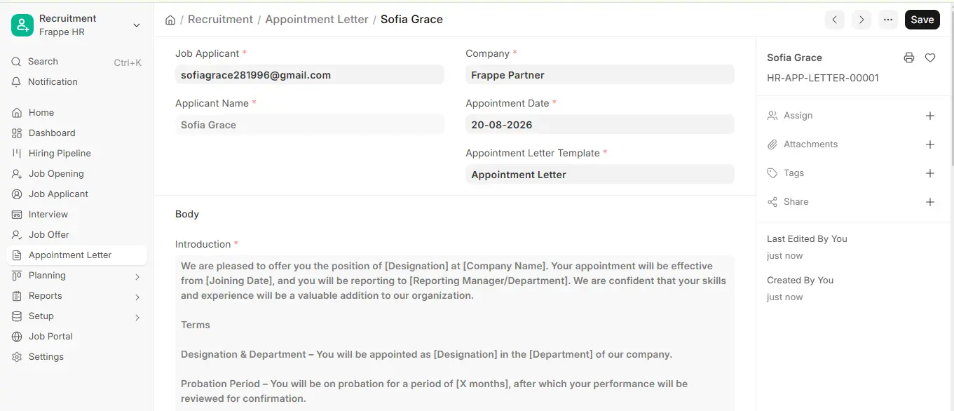 Appointment Letter form in ERPNext HR showing job applicant, company, appointment date, template and introduction text