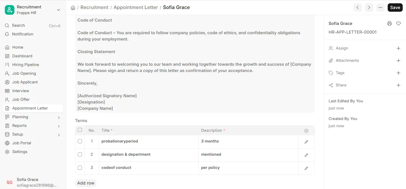 Appointment Letter in ERPNext HR showing code of conduct, closing statement, signatory placeholders and terms table