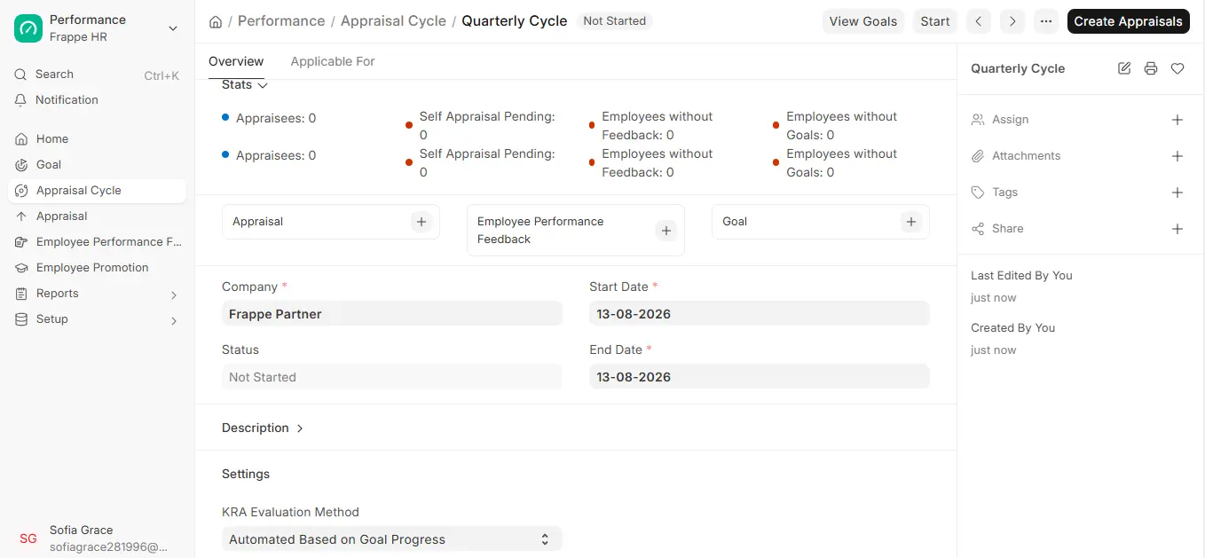 Appraisal Cycle in ERPNext HR in Not Started status with stats, View Goals, Start and Create Appraisals buttons