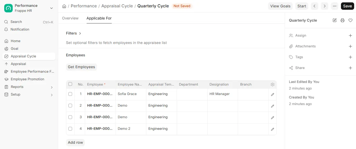 Applicable For tab of an Appraisal Cycle in ERPNext HR with filters, Get Employees button and appraisee list with templates