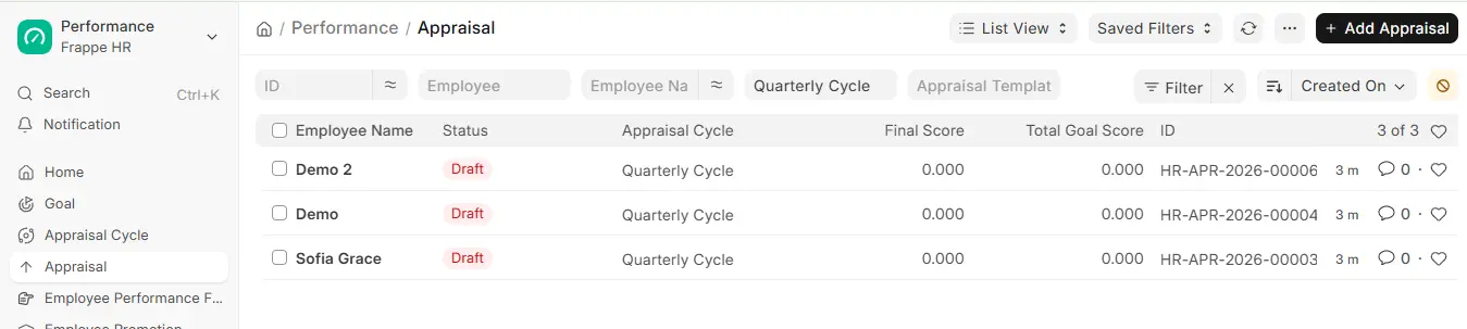 Appraisal list in ERPNext HR showing draft appraisals for employees in a Quarterly Cycle with final score and total goal score