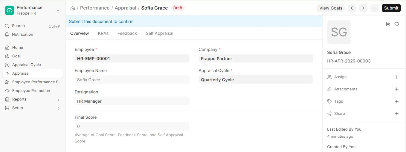 Draft Appraisal form in ERPNext HR with employee, appraisal cycle, designation, final score and KRAs, Feedback and Self Appraisal tabs