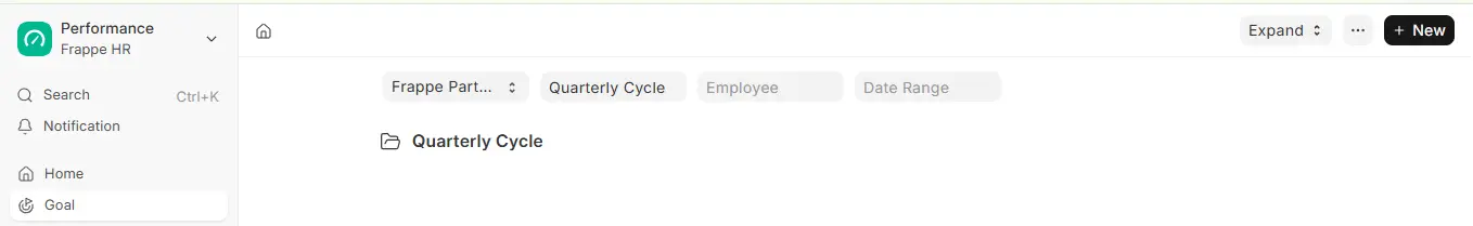 Goal Tree in ERPNext HR with company, appraisal cycle, employee and date range filters and the Quarterly Cycle root folder
