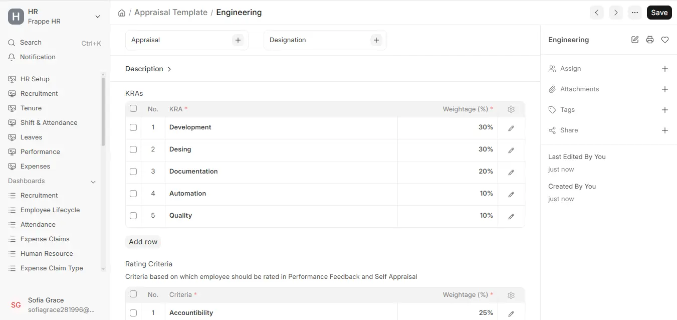 Frappe HR Appraisal Template showing KRAs, weightage percentages, and rating criteria for Engineering