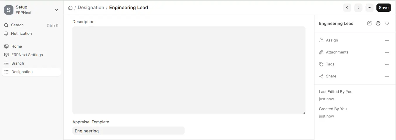 ERPNext Engineering Lead designation with Engineering appraisal template in Setup