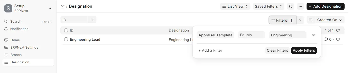ERPNext Designation list showing Engineering Lead with Engineering appraisal template filter