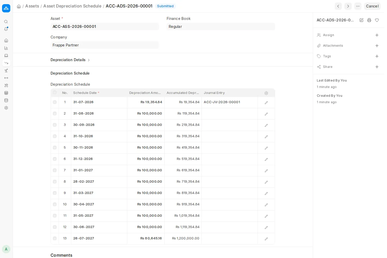 ERPNext Asset Depreciation Schedule showing monthly depreciation amounts