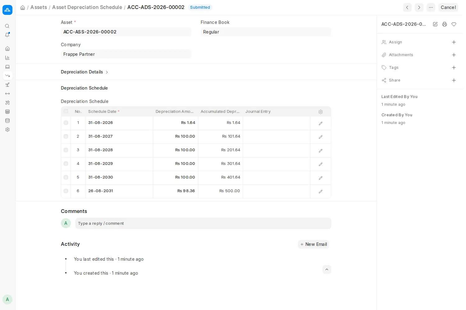 ERPNext Asset Depreciation Schedule showing yearly depreciation amounts
