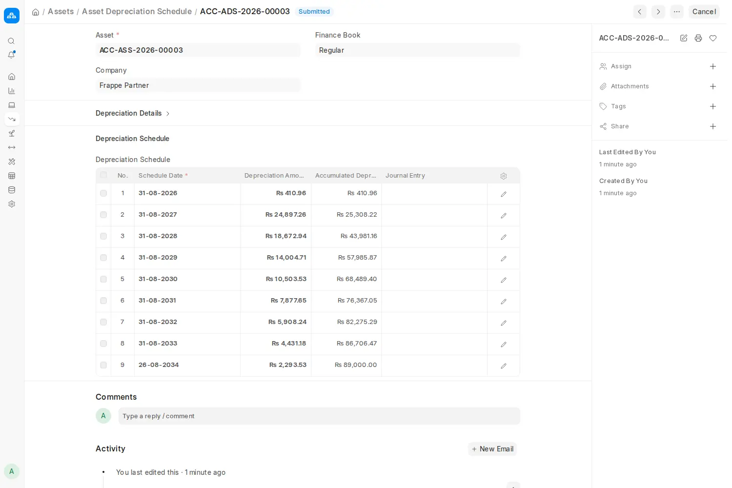 ERPNext Asset Depreciation Schedule with declining depreciation amounts