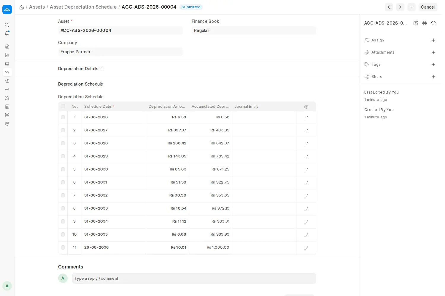 ERPNext Asset Depreciation Schedule with 11 year declining amounts