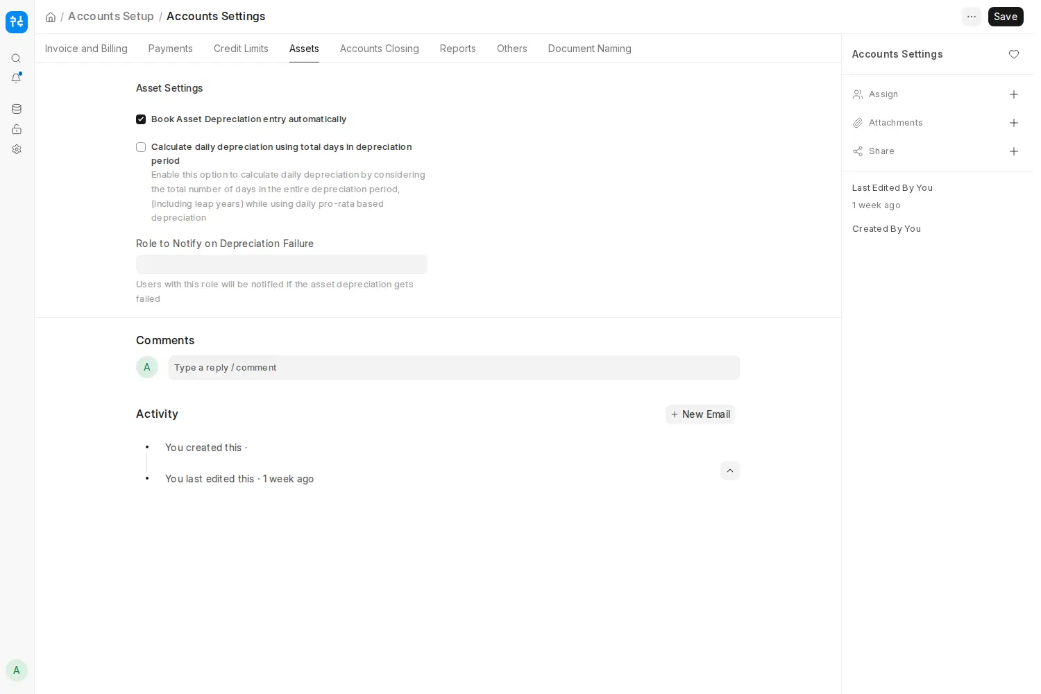 Asset depreciation settings in ERPNext showing automatic entry options