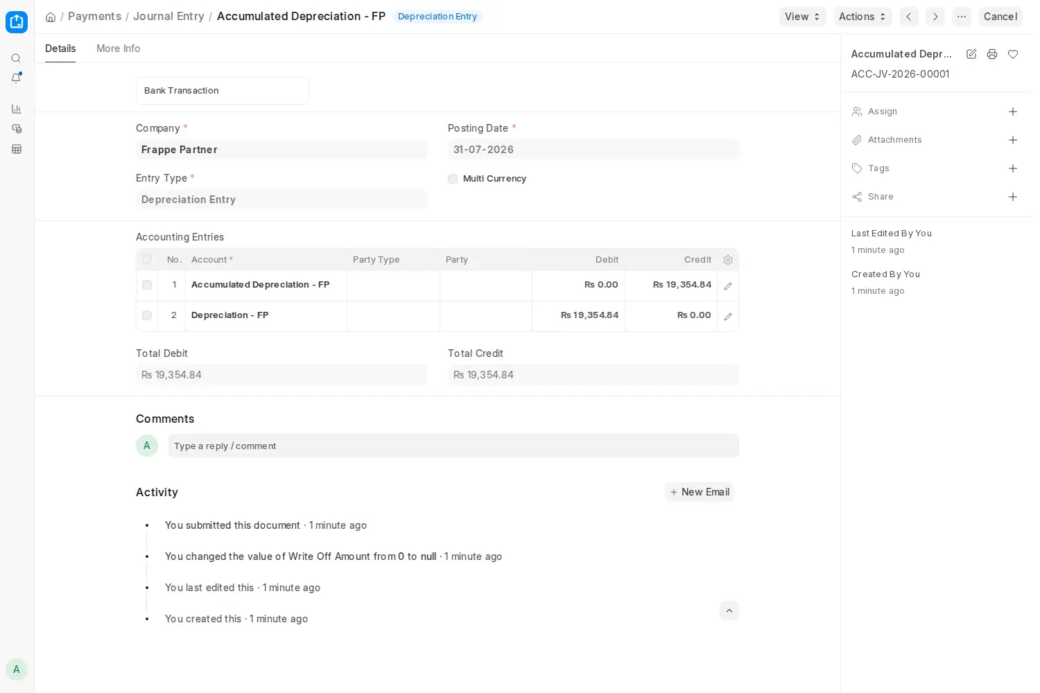 ERPNext Journal Entry showing automatic depreciation debit and credit
