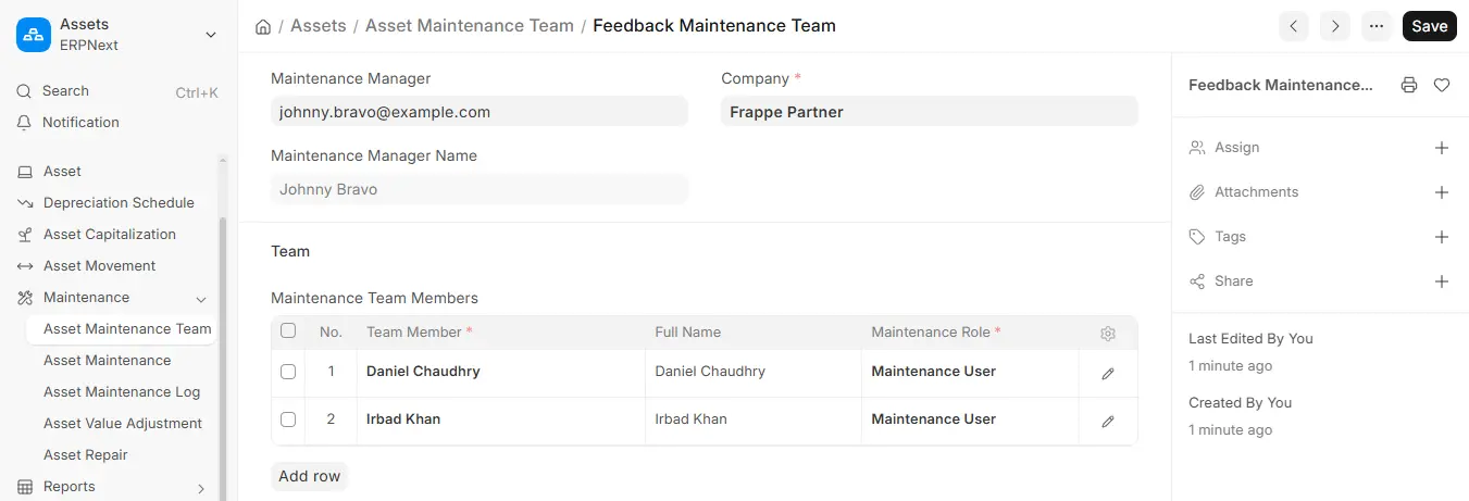 ERPNext Asset Maintenance Team showing manager and two maintenance team members with roles