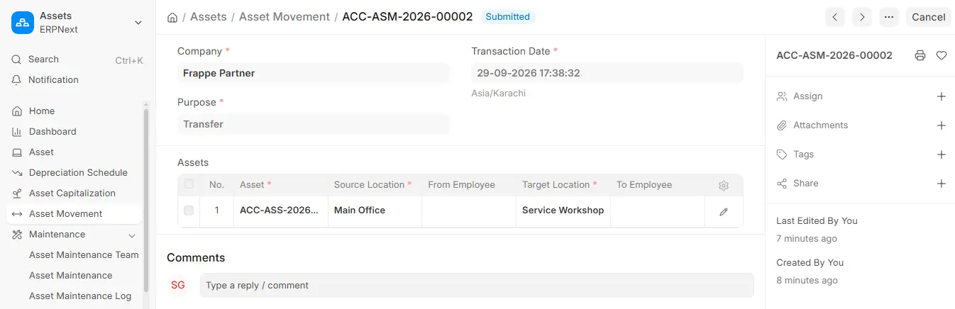 ERPNext Asset Movement form showing transfer from Main Office to Service Workshop location