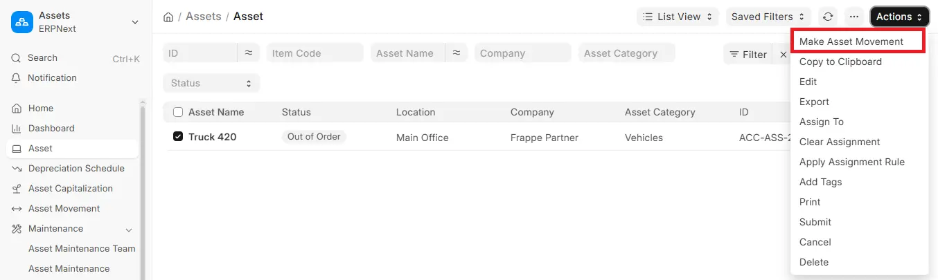 Make Asset Movement option highlighted in ERPNext Asset list Actions menu