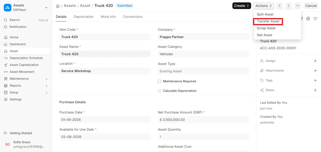 Transfer Asset option highlighted in ERPNext Asset Actions menu for Truck 420