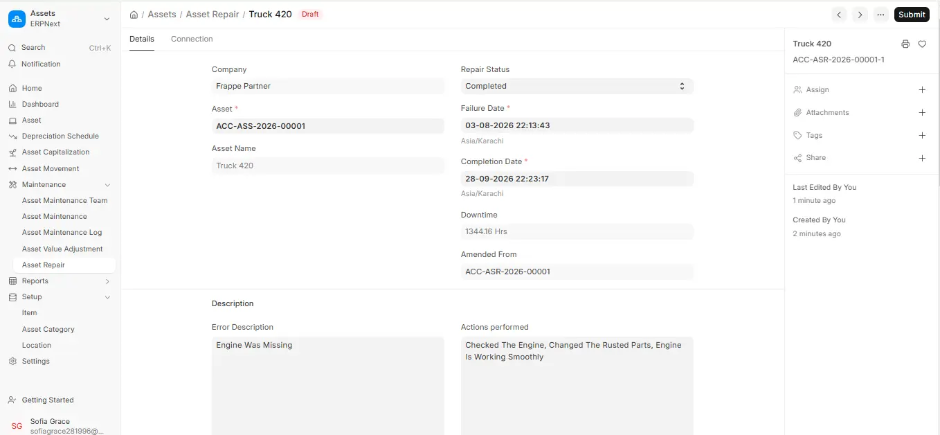 ERPNext Asset Repair form showing repair status, failure date and completion date for Truck 420