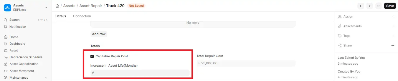 Capitalize Repair Cost option with Increase in Asset Life set to 6 months in ERPNext Asset Repair