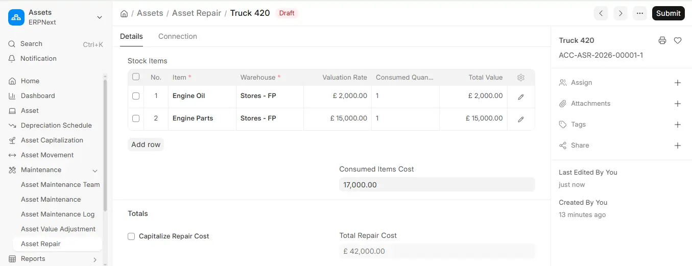 ERPNext Asset Repair showing stock items, consumed item cost, and total repair cost