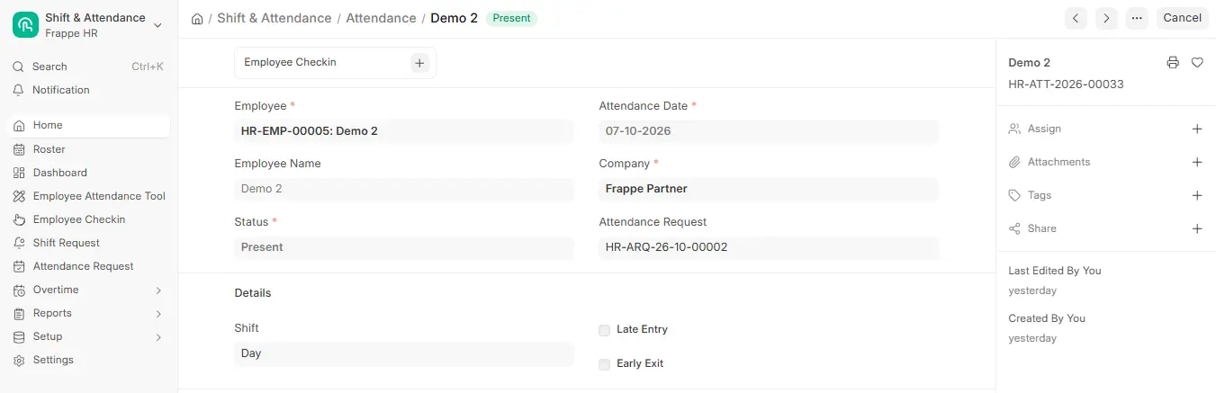 Attendance record in ERPNext HR showing employee, attendance date, Present status, shift and attendance request link