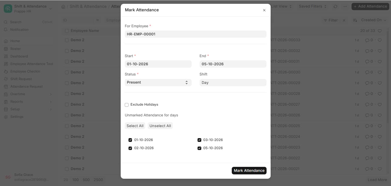 Mark Attendance dialog in ERPNext HR with employee, date range, Present status, Day shift and unmarked days selected