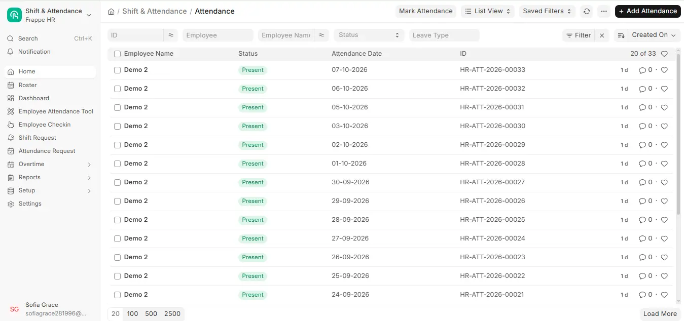 Attendance list view in ERPNext HR showing employee names, Present status, attendance dates and Mark Attendance button