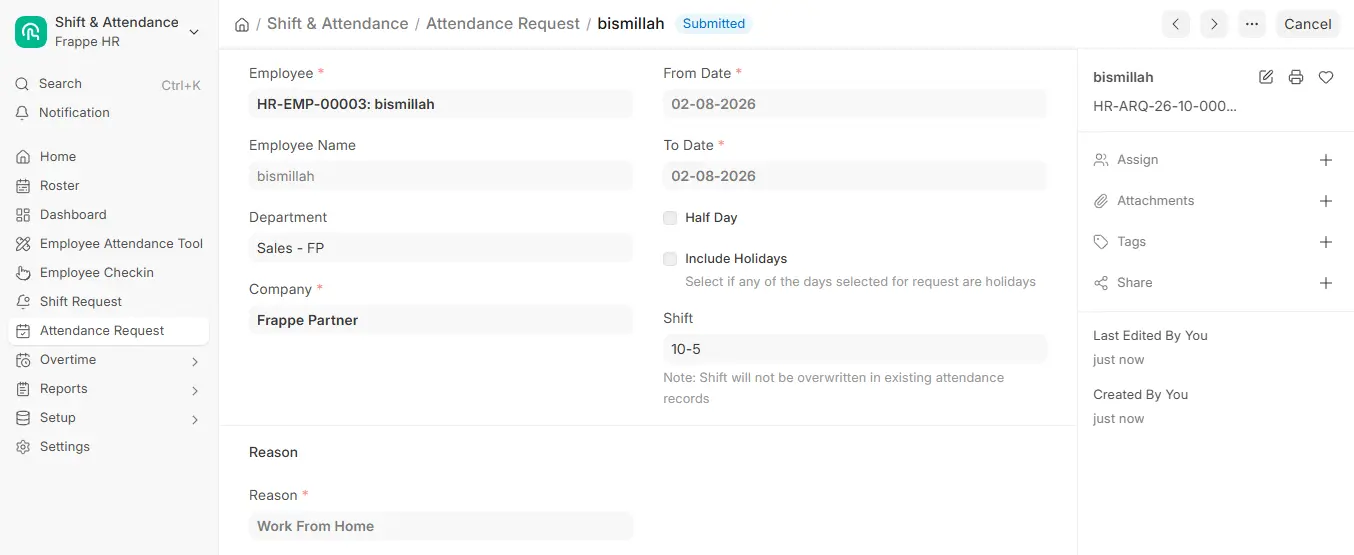Frappe HR Attendance Request with Submitted status showing employee, from date, to date, shift and work from home reason