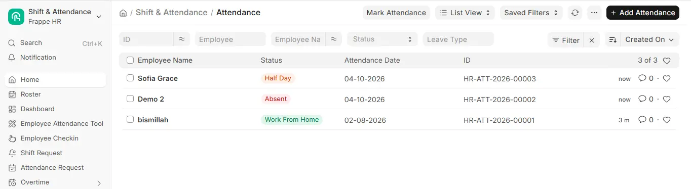 Frappe HR Attendance list view showing Half Day, Absent and Work From Home status with employee name and attendance date