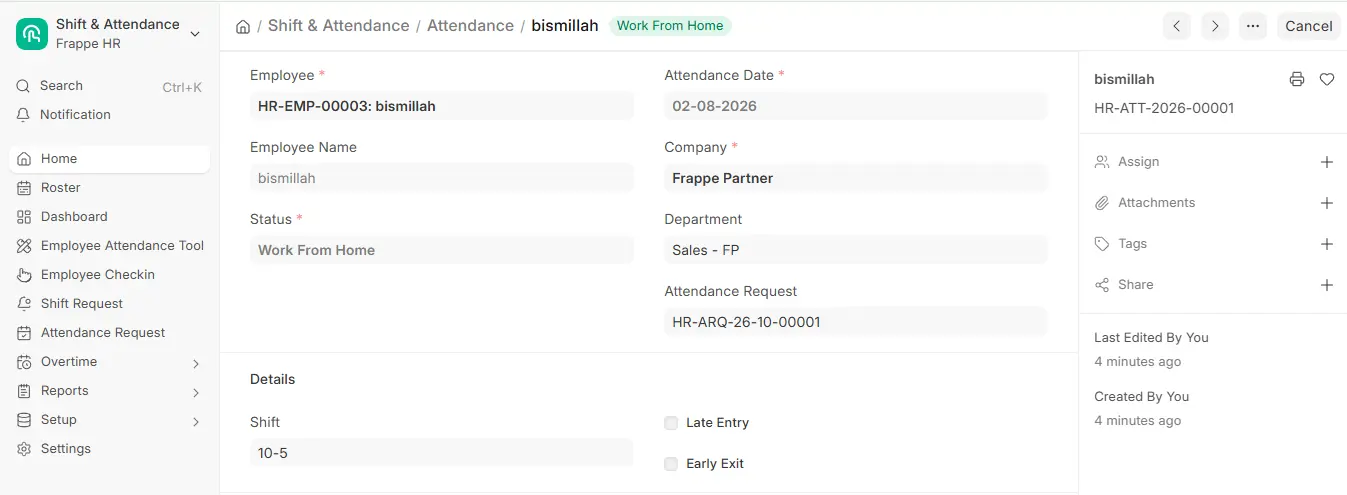 rappe HR Attendance record with Work From Home status showing employee, attendance date, department, linked attendance request and shift