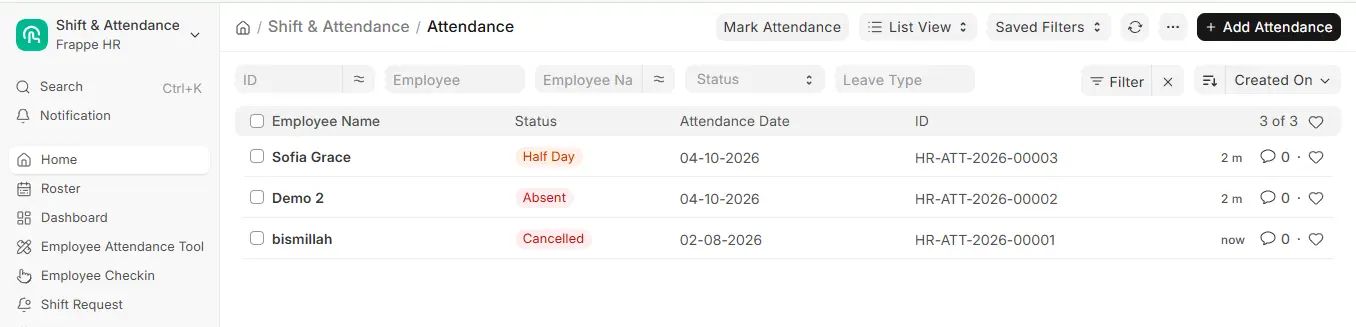 Frappe HR Attendance list view showing a cancelled attendance record