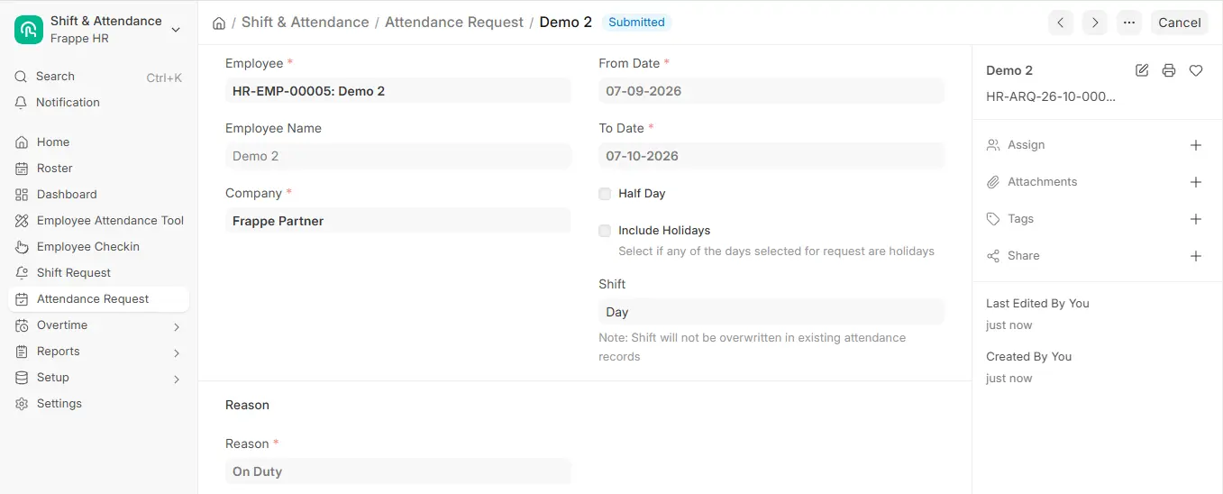 Frappe HR Attendance Request with Submitted status for an employee with on duty reason, date range and Day shift
