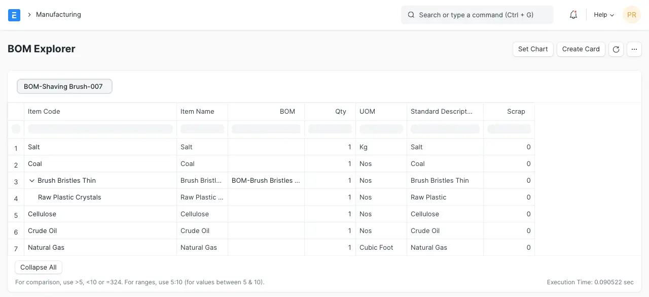 ERPNext BOM Explorer showing exploded bill of materials for Shaving Brush with raw materials and quantities