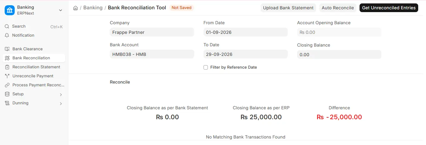 Bank Reconciliation Tool in ERPNext displaying ERP closing balance versus bank statement balance mismatch