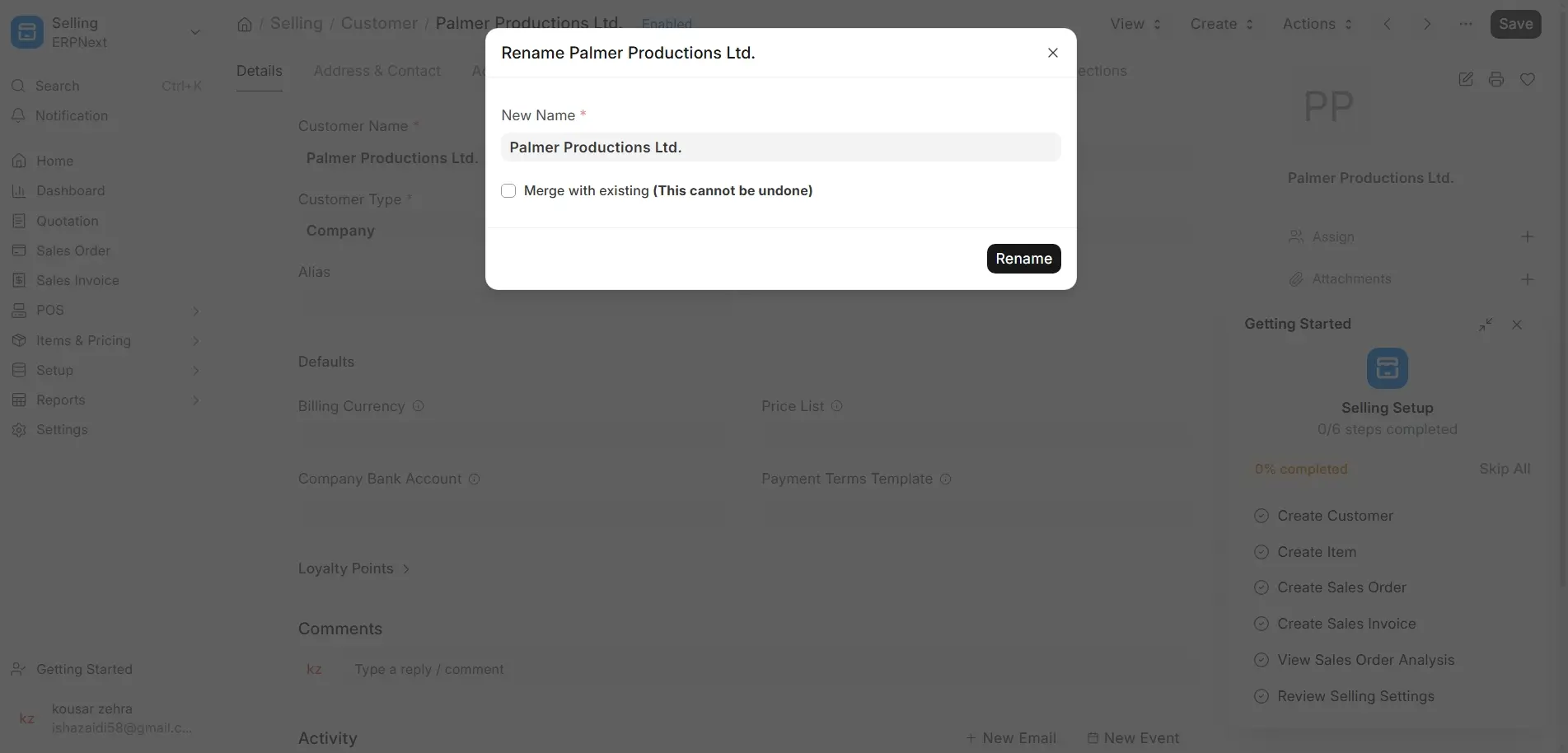 ERPNext rename option in document menu