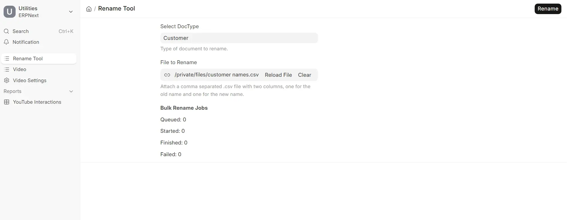 ERPNext bulk renaming tool CSV upload