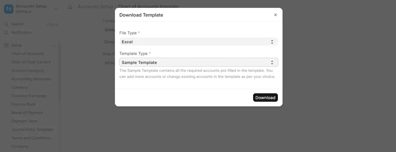 ERPNext Chart of Accounts Importer Download Template dialog with Excel file type and Sample Template option