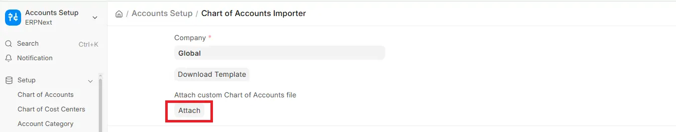 ERPNext Chart of Accounts Importer with Attach button highlighted for uploading a custom chart of accounts file