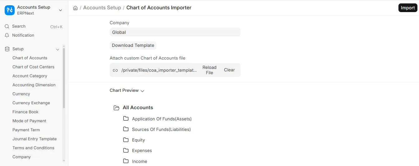 ERPNext Chart of Accounts Importer with attached file, Import button and Chart Preview showing root accounts