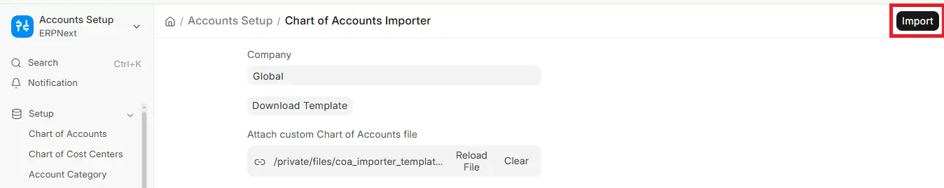ERPNext Chart of Accounts Importer with Import button highlighted after attaching the chart of accounts file