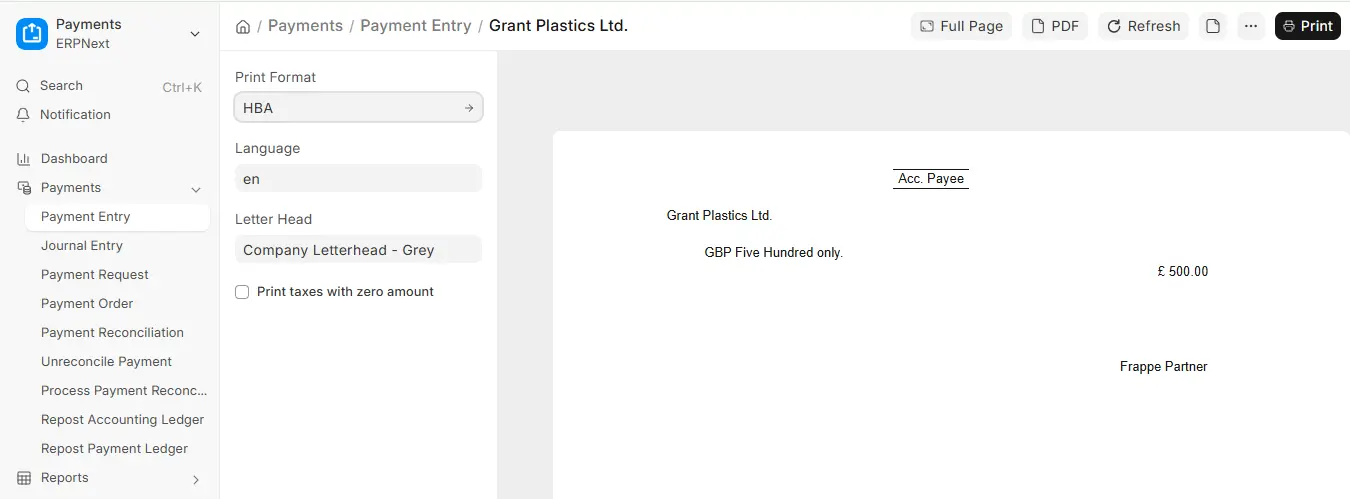 Custom cheque print template in ERPNext with payee name and amount.