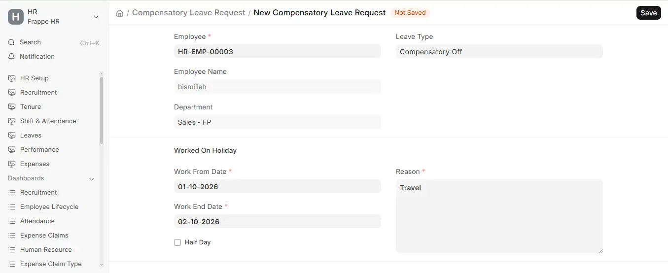 Compensatory Leave Request form in ERPNext HR showing employee, leave type, work from and end dates and reason