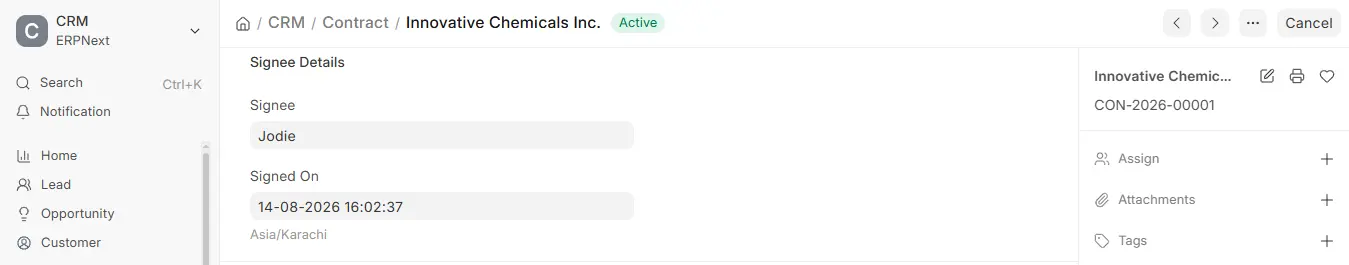 ERPNext Contract Signee Details showing signee name and signed date