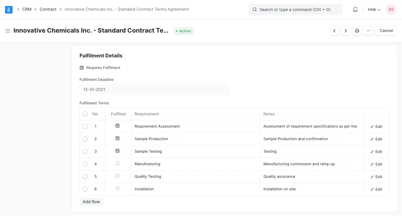 ERPNext Contract Fulfilment Details showing requirements checklist and deadline