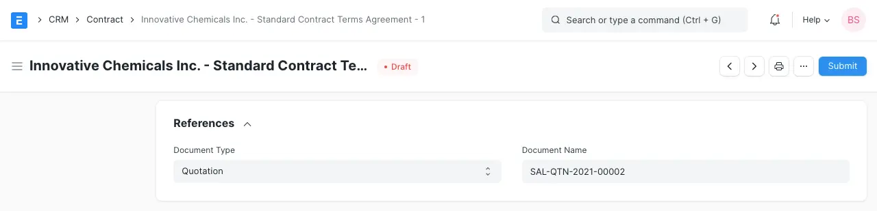ERPNext Contract References section linking contract to a quotation