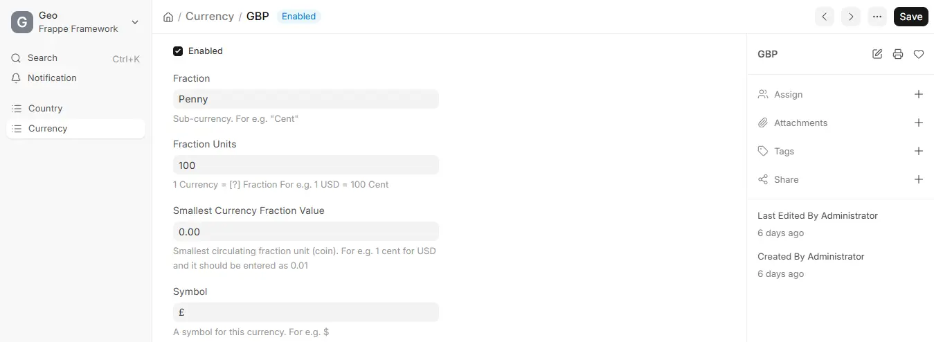 ERPNext Currency setup screen for British Pound (GBP) with Penny fraction, 100 fraction units, and £ symbol