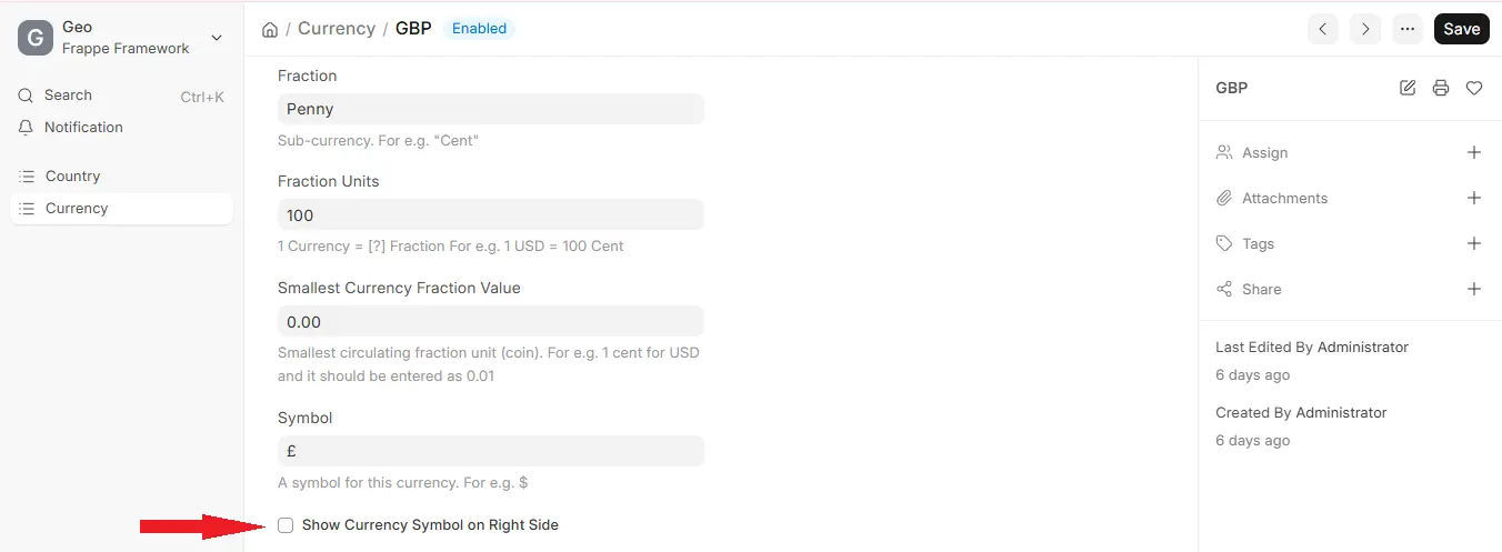 ERPNext GBP currency settings with arrow pointing to Show Currency Symbol on Right Side checkbox