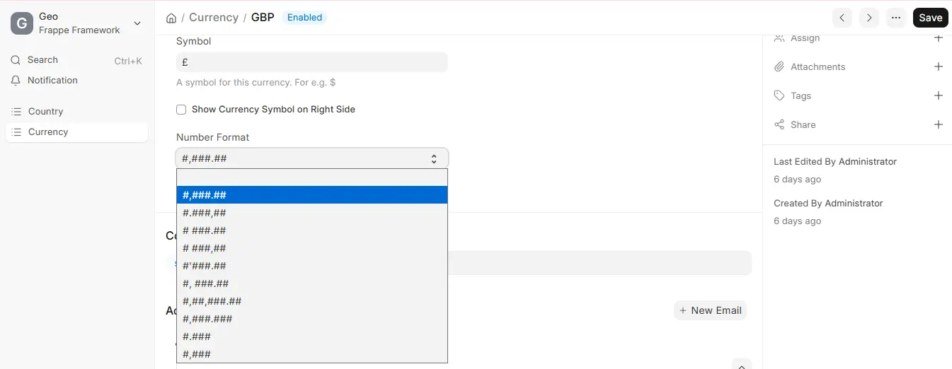 ERPNext Currency setup guide displaying Number Format options for GBP currency